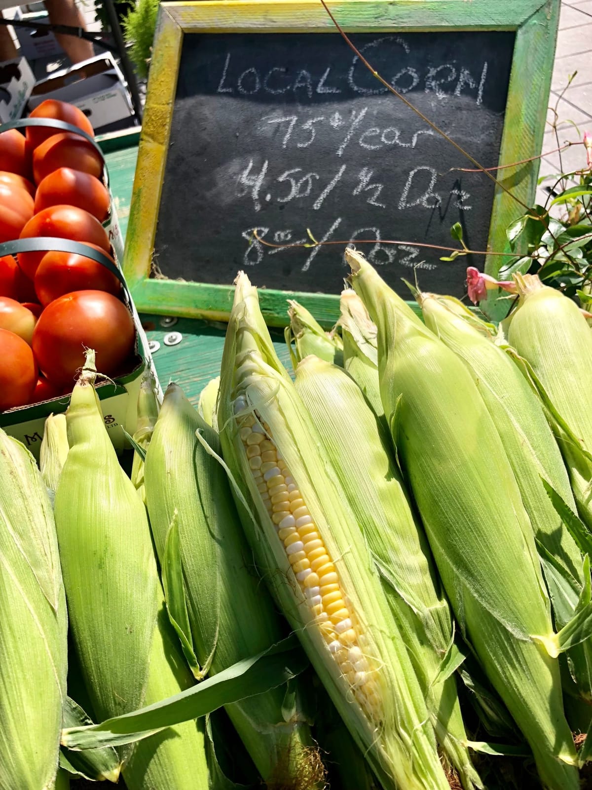 Fresh local corn and tomatoes at a Hanover County farmstand